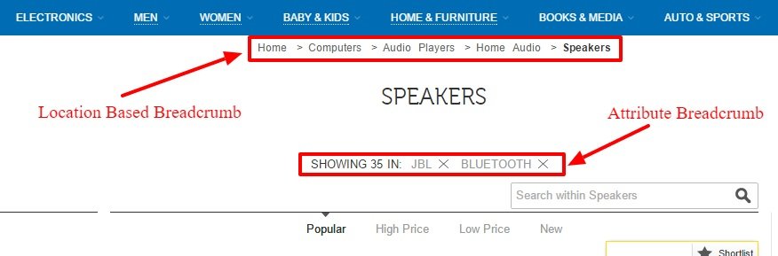 The image shows how Flipkart uses both path and attribute-based breadcrumbs on its website.